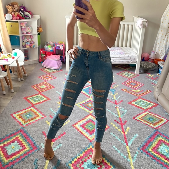 Topshop Jamie Slim Ripped Jeans HighRise 25 Distressed Blue - Picture 3 of 10